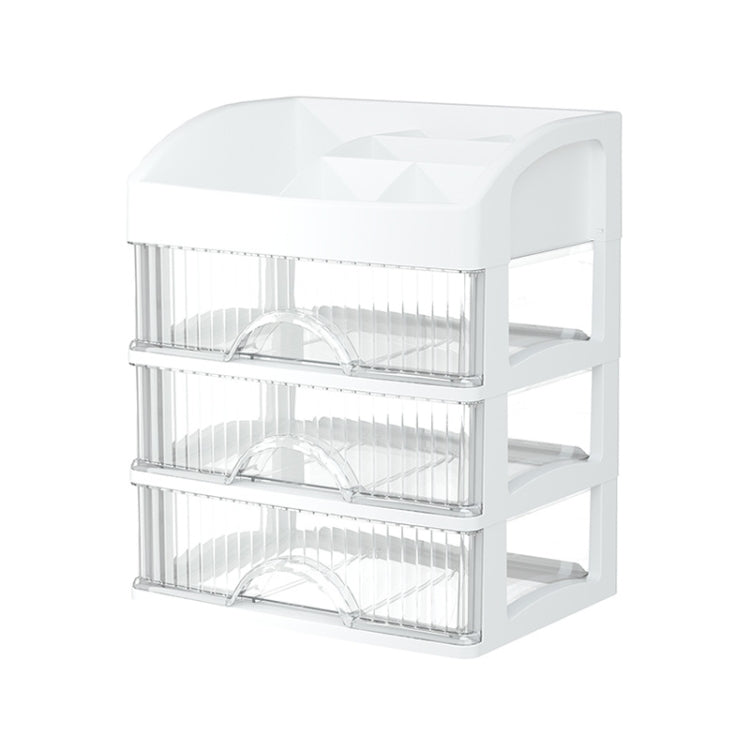 White multi-layer drawer organizer with clear compartments and arched dividers