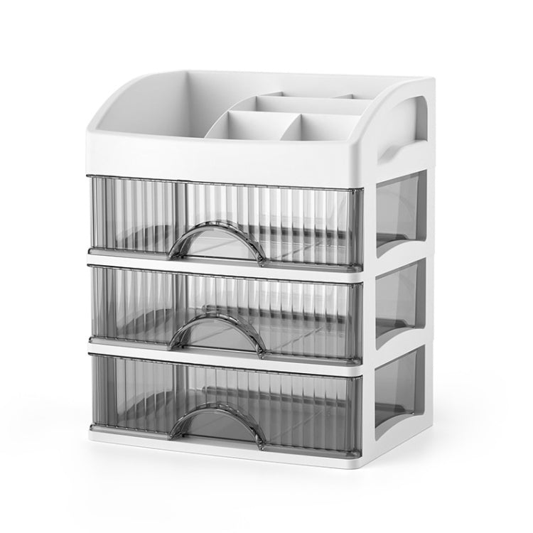 White multi-layer drawer organizer with clear compartments and arched dividers