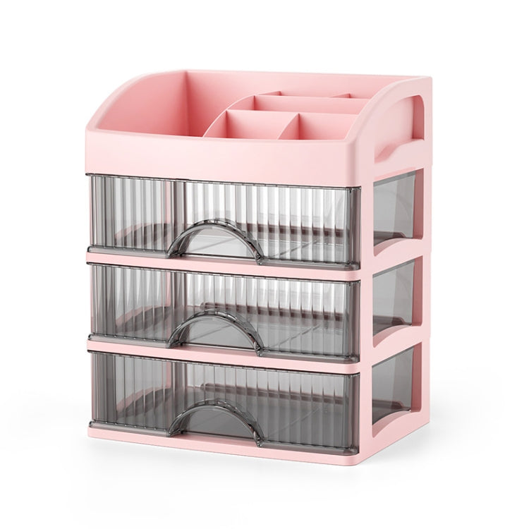 Pink multi-layer drawer organizer with clear compartments and arched dividers