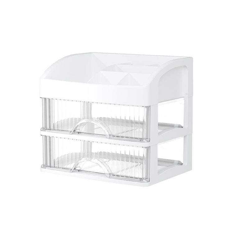 White multi-layer drawer organizer with clear compartments and arched dividers