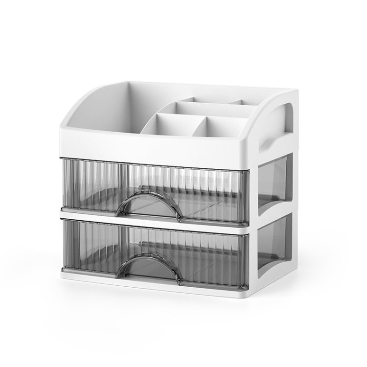 White multi-layer drawer organizer with clear compartments and arched dividers