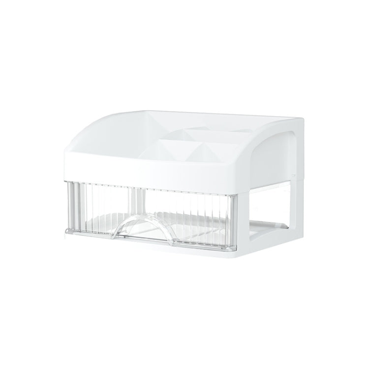 White multi-layer drawer organizer with clear compartments and arched dividers