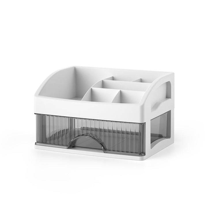 White multi-layer desk drawer organizer with transparent front and open divider trays