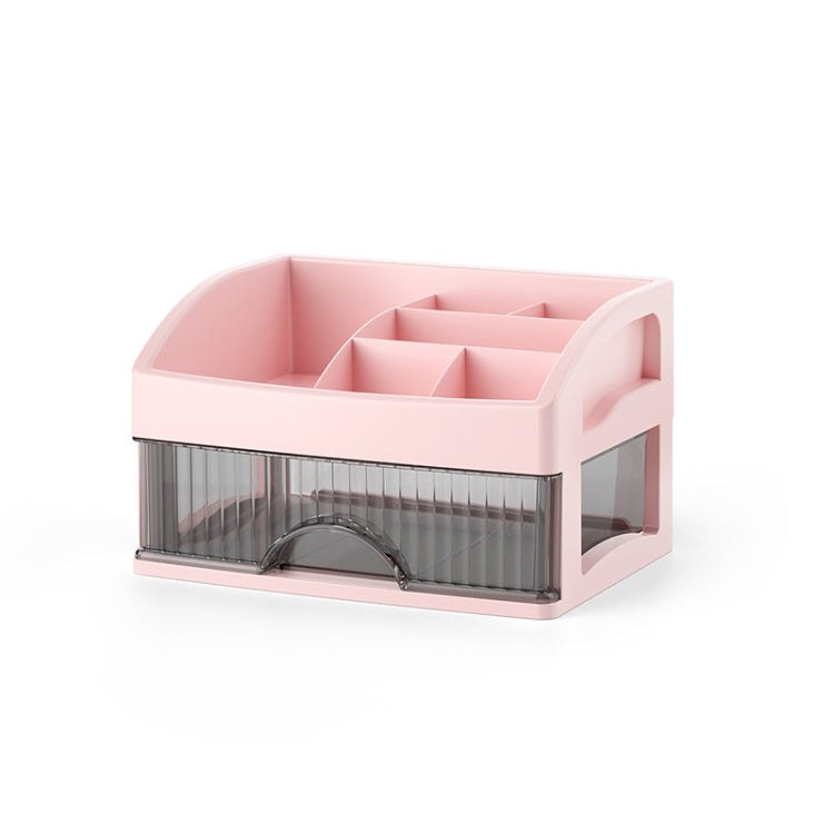 Pink multi-layer desk drawer organizer with transparent front and open divider trays