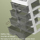 White multi-layer drawer organizer with transparent sliding trays and safety clips