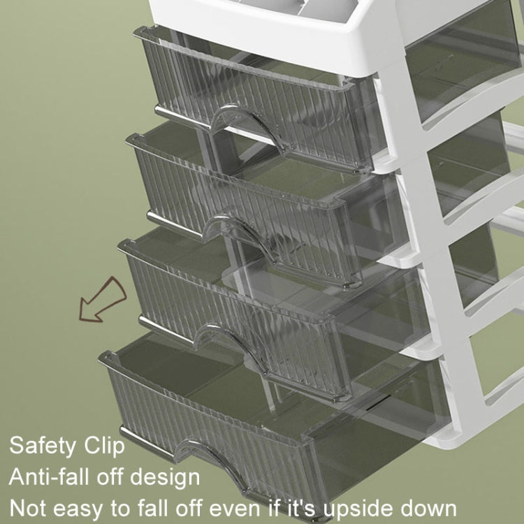 White multi-layer drawer organizer with transparent sliding trays and safety clips