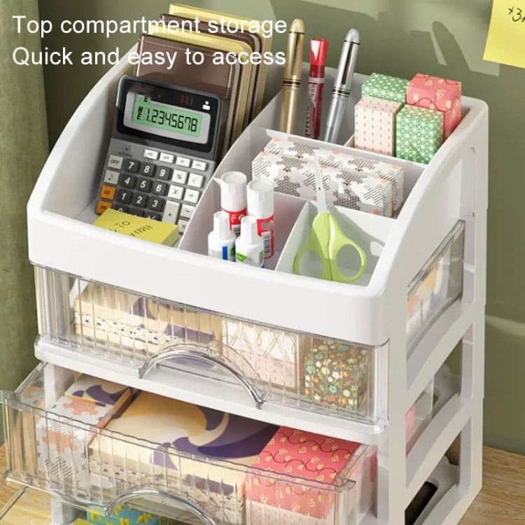 White multi-layer drawer organizer filled with cosmetics and stationery in open tiers