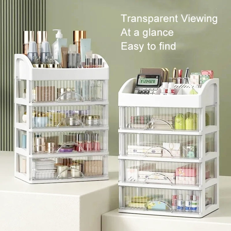 White multi-layer drawer organizer with clear viewing fronts and multiple cosmetic compartments