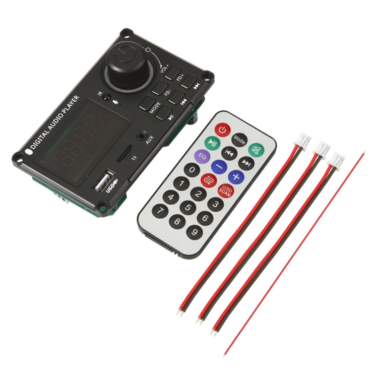Bluetooth audio amplifier board with color screen, remote with colored buttons, and wire leads