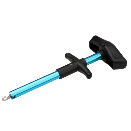 T-shaped fish hook remover with blue aluminum shaft and black handle, sea fishing tool
