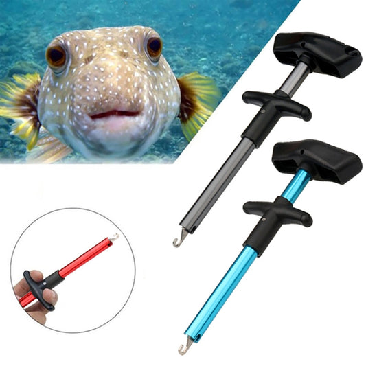 T-shaped fish hook remover with blue shaft and black T-grip handle