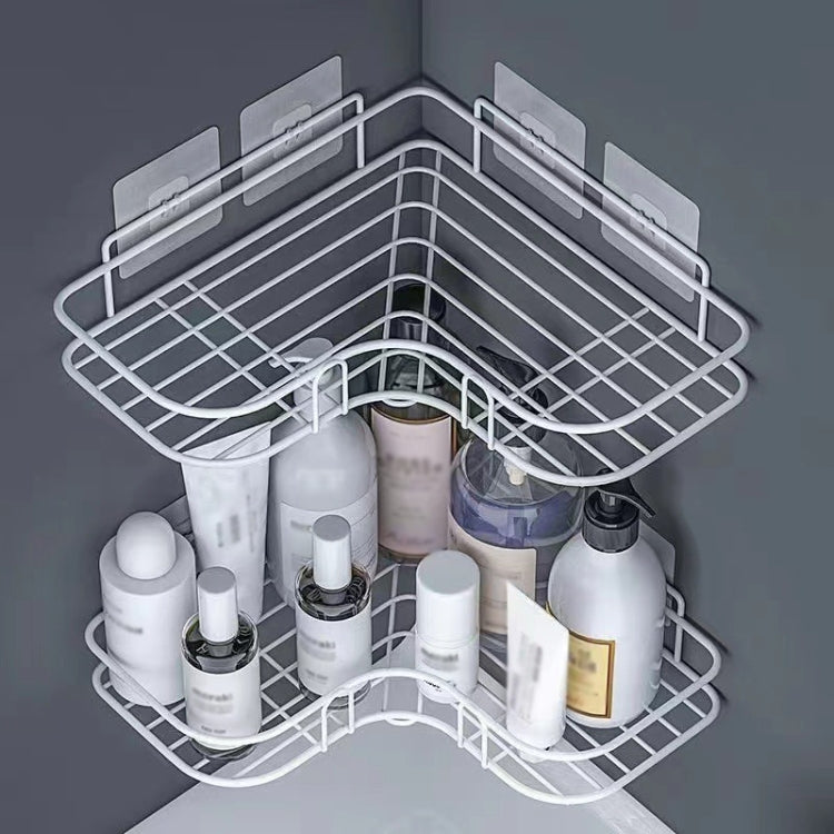 White triangle wall-mounted corner storage rack with wire shelves for toiletries