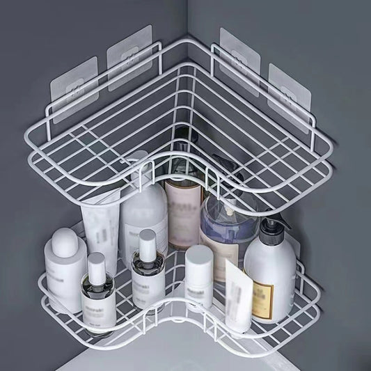White triangle wall-mounted corner storage rack with wire shelves for toiletries