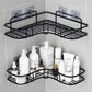 Black triangle corner wall storage rack with two wire tiers for bathroom bottles