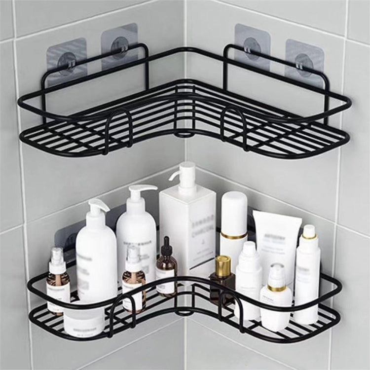 Black triangle corner wall storage rack with two wire tiers for bathroom bottles