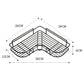 Black triangle corner storage rack with labeled measurements for wall mounting