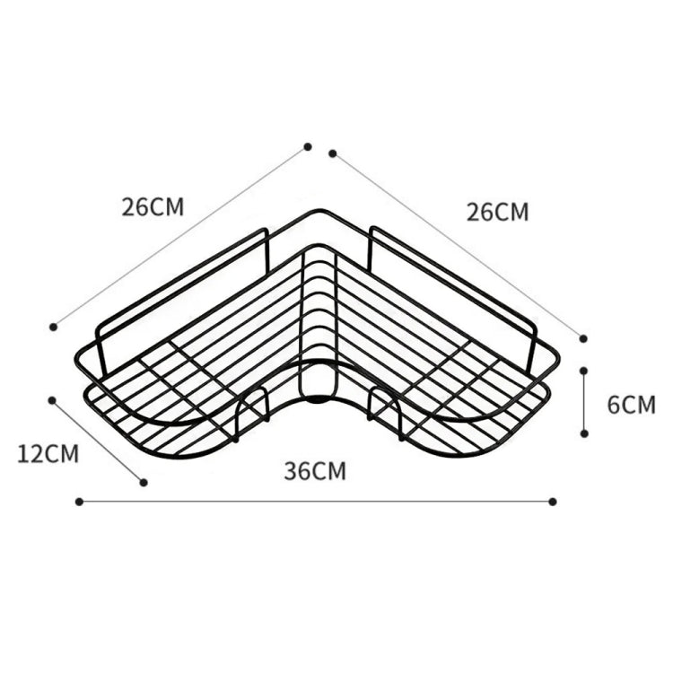 Black triangle corner storage rack with labeled measurements for wall mounting