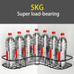 Black triangle corner storage rack holding bottles on a wire wire shelf