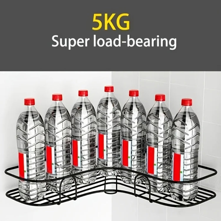 Black triangle corner storage rack holding bottles on a wire wire shelf