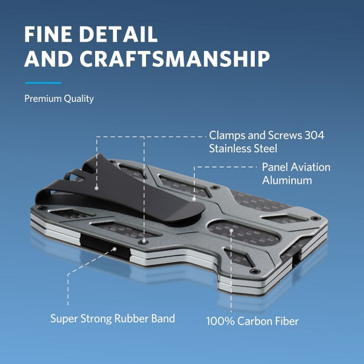 Aluminum RFID card holder wallet with open slots, carbon-fiber look and rubber band