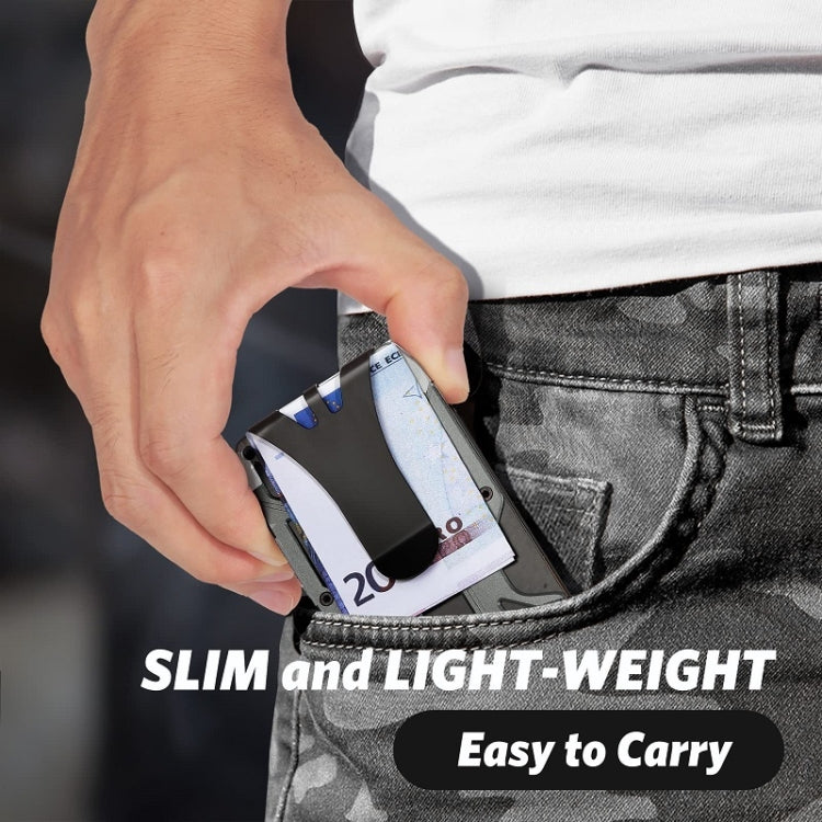 RFID card holder wallet clipped in jeans pocket, slim lightweight metal frame