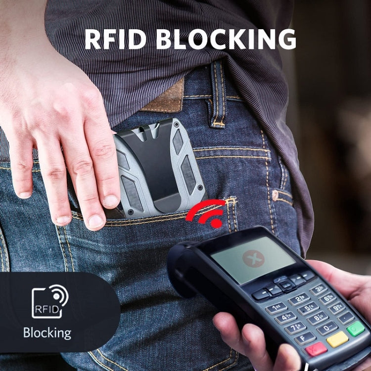 RFID blocking card holder wallet in front pocket with card and contactless reader