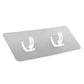 Double hook adhesive strip with two clear plastic hooks on gray backing