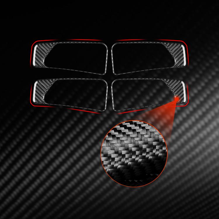 Installed interior door handle sticker with black carbon-fiber overlay and red trim