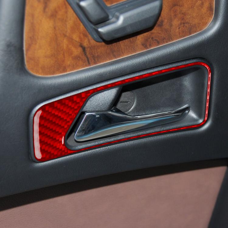 Interior door handle sticker with red carbon-fiber overlay and red border