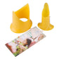 Two yellow chili corer pieces: one with opening, one tall funnel-shaped seed extractor.