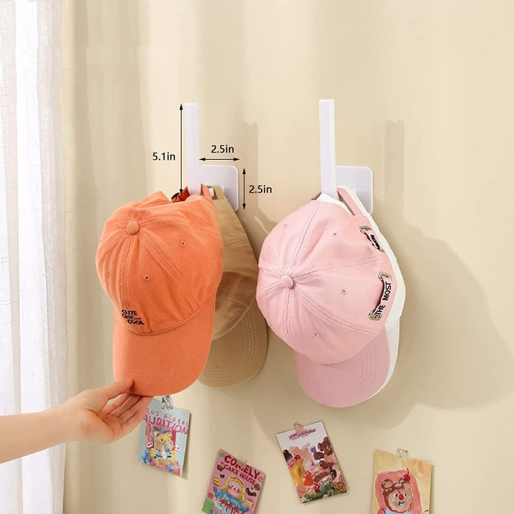 Self-adhesive hat rack wall hooks with orange and pink baseball caps, 2-pack