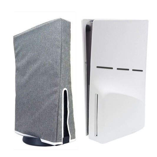 Gray PS5 Slim dust cover case with side cutout for ports, vertical orientation