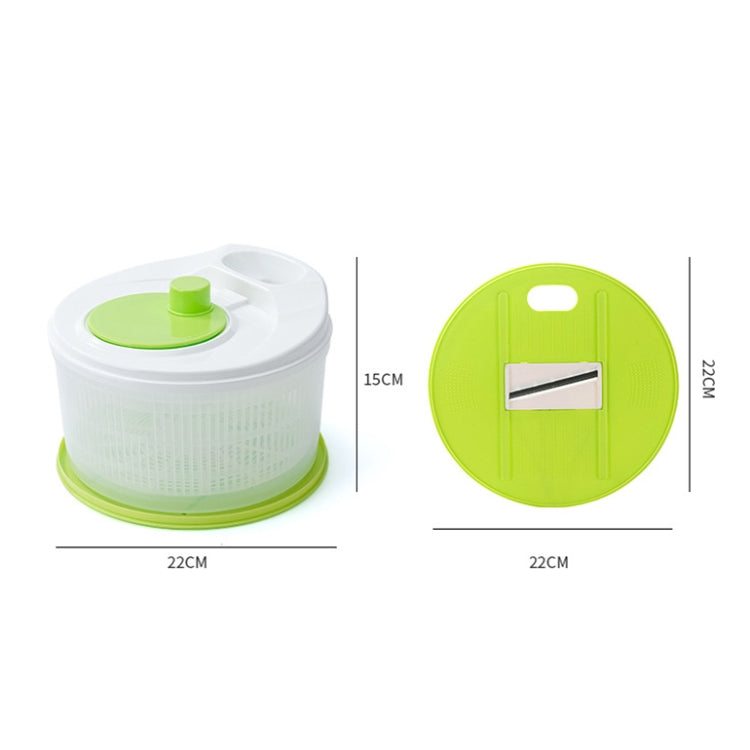 Vegetable dehydrator with green base and top lids, size diagram for basket and grater