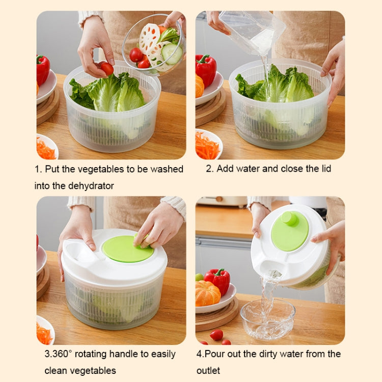 Vegetable dehydrator with rotating handle, open lid, and draining water outlet