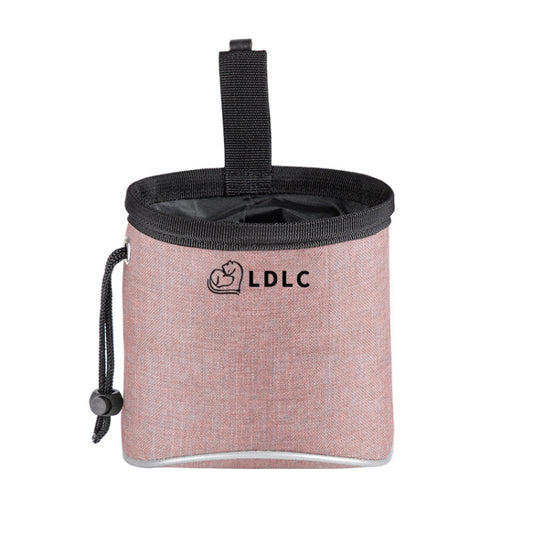 Light pink oxford dog snack bag with black top strap and drawstring opening