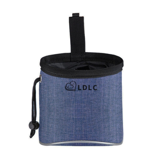 Denim blue oxford dog snack bag with black top strap and drawstring opening