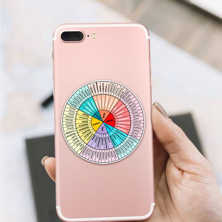 Round emotions wheel sticker on pink phone case, colorful wheel with center red segment