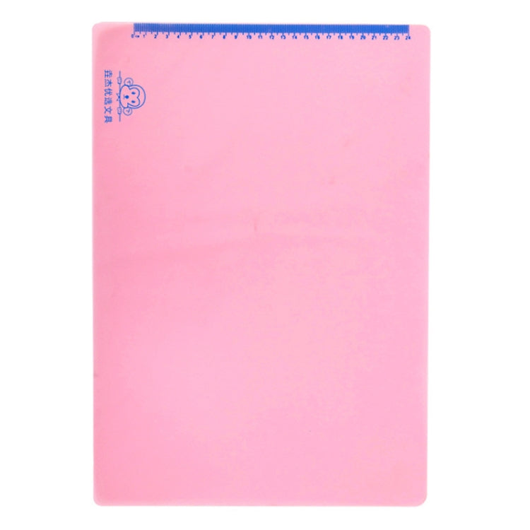 Pink non-slip writing soft pad with blue ruler edge and small corner logo