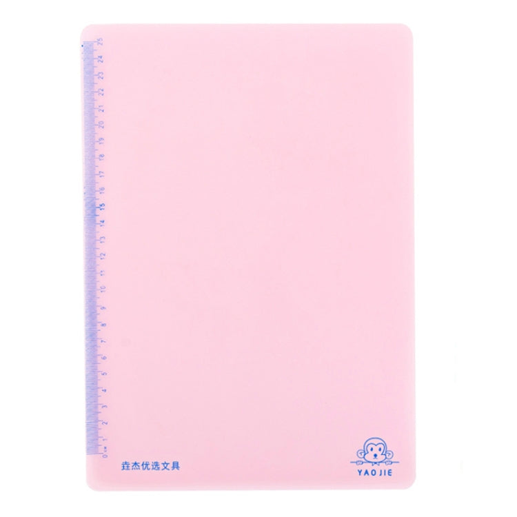 Pink non-slip writing soft pad with blue printed ruler text and logo at bottom