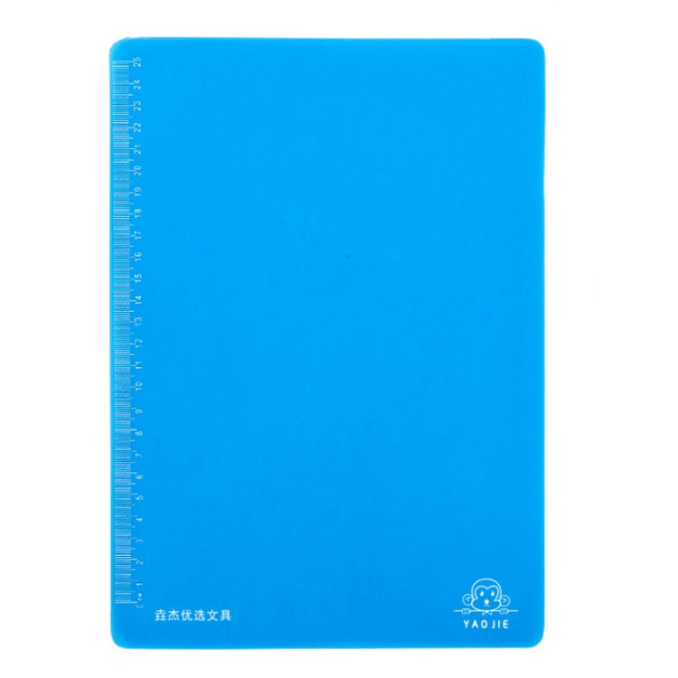 Blue non-slip writing soft pad with blue printed ruler text and logo at bottom