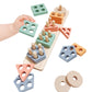 Wooden shape matching building set with peg pillars and geometric base blocks, light wood