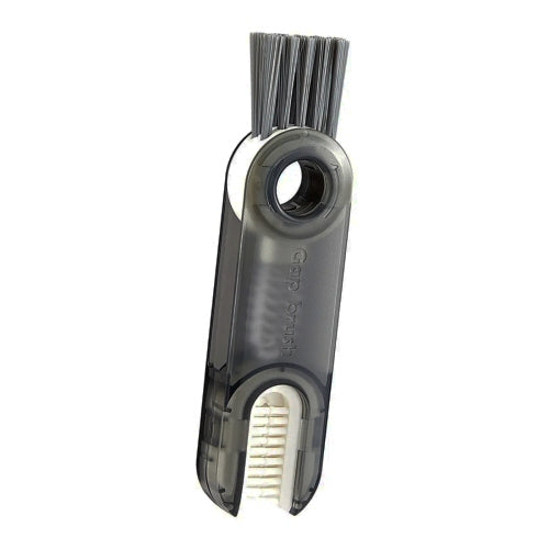 Gray U-shaped cup lid cleaning brush with stiff bristles and curved inner head