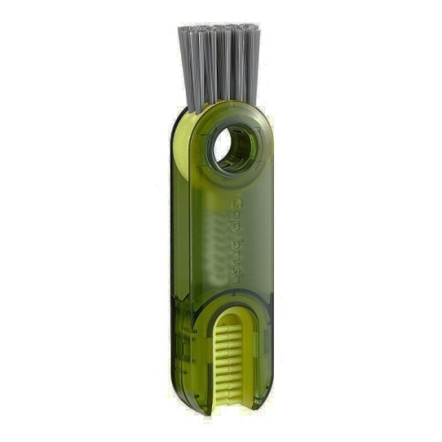 Green U-shaped cup lid cleaning brush with stiff bristles and curved inner head