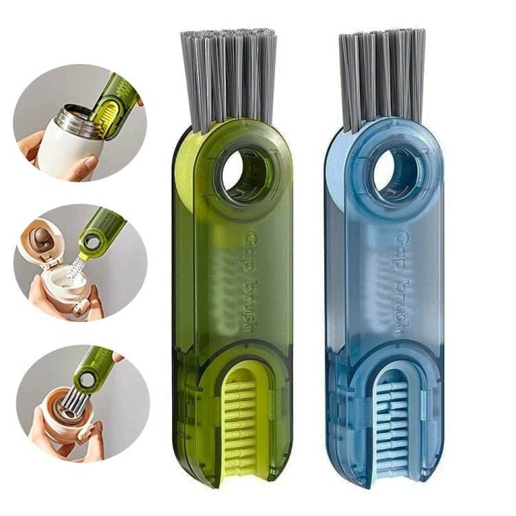 Set of gray, blue, and green cup lid cleaning brushes with bristle heads