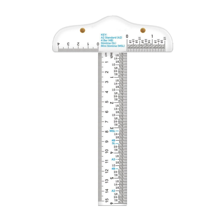 Clear plastic T-square ruler with measurement scales and gold alignment pins
