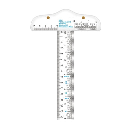 Clear plastic T-square ruler with measurement scales and gold alignment pins