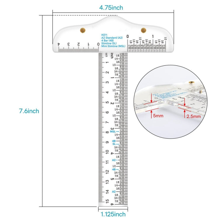 Clear plastic T-square ruler showing inch and centimeter measurement markings