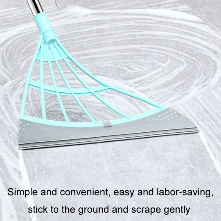 Hair cleaning broom head with teal mesh and gray scraper base for floor sweeping