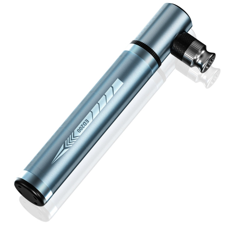 Portable bicycle thumbtube mini pump with titanium blue barrel and valve head, compact design