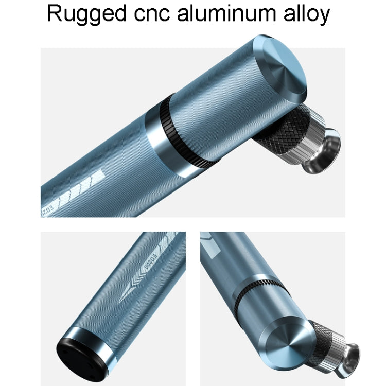 Titanium blue mini bicycle pump with textured grip and metal valve head
